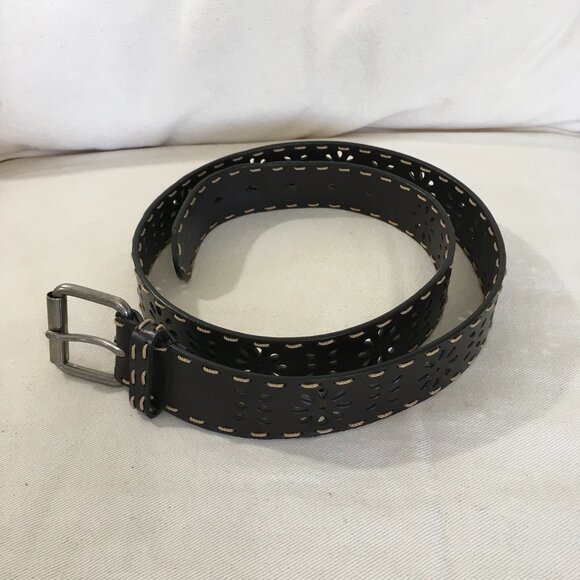 Italian Leather Accessories - Italian Bonded Leather Cut Out Floral Belt